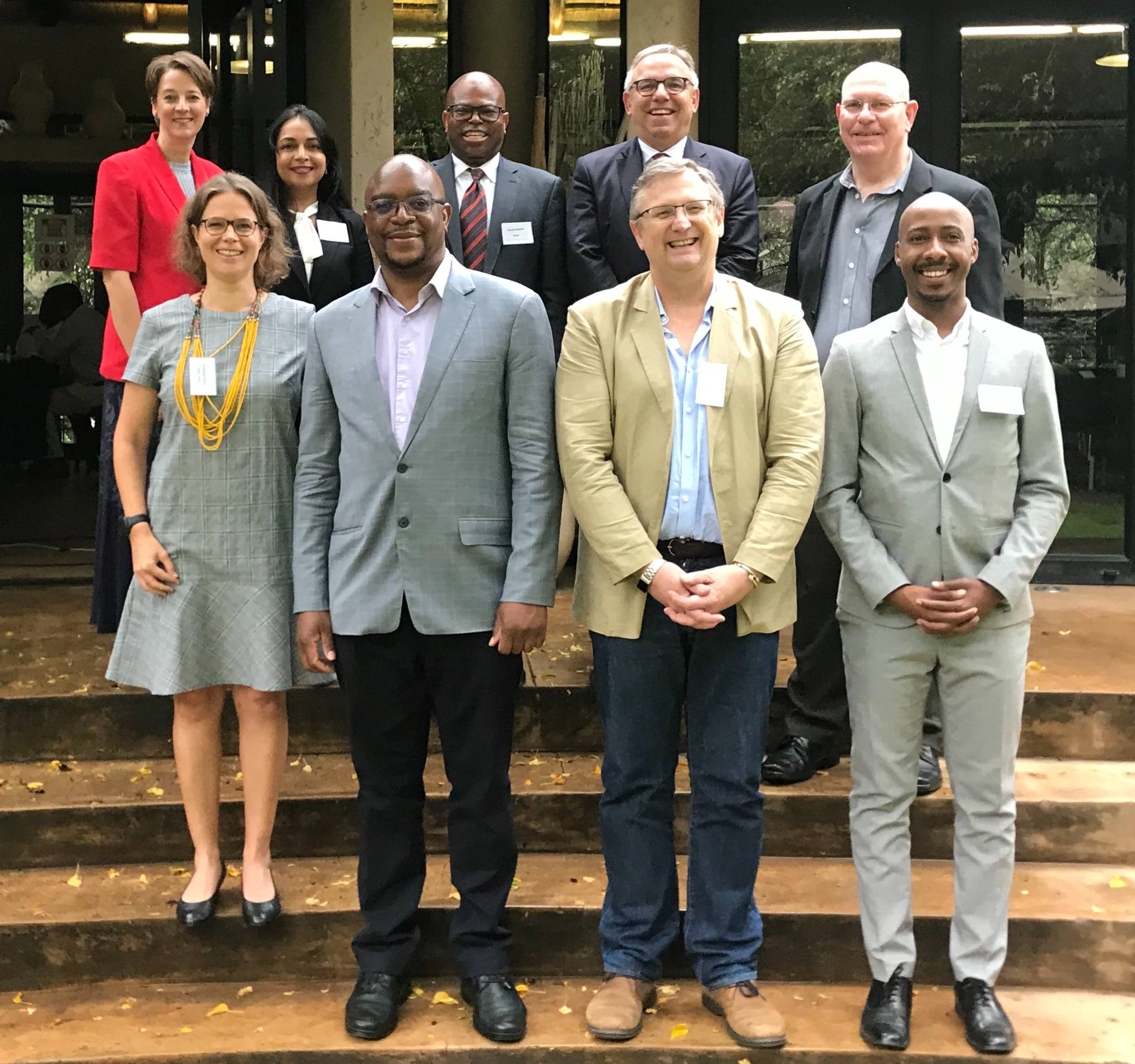 Event speakers (left to right): Front row:  Franziska Spörri, Douglas Kativu, Bernd Oellermann, Saint-Francis Tohlang. Back row: Corli le Roux, Shameela Soobramoney, Claude Kabemba, H.E. Dr. Nicolas Brühl, Stiaan Wandrag.